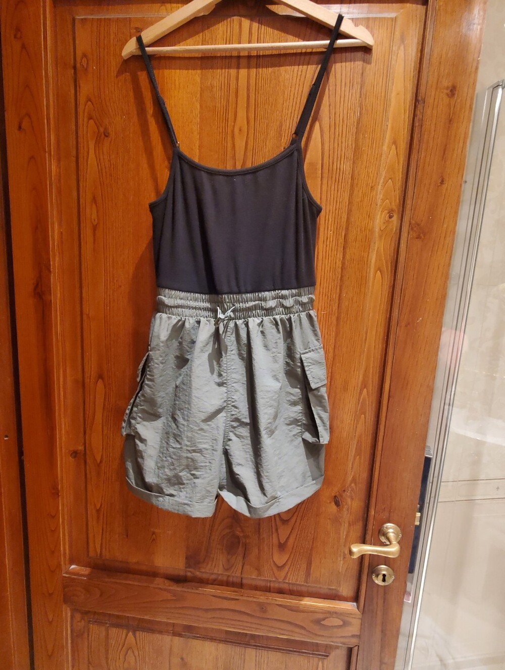 Black Spaghetti Strap Olive Cargo Short Romper